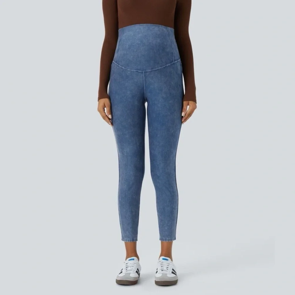 Halara Flex™ Super High Waisted Foldover Stretchy Denim Maternity 7/8 Leggings - Picture 3 of 4